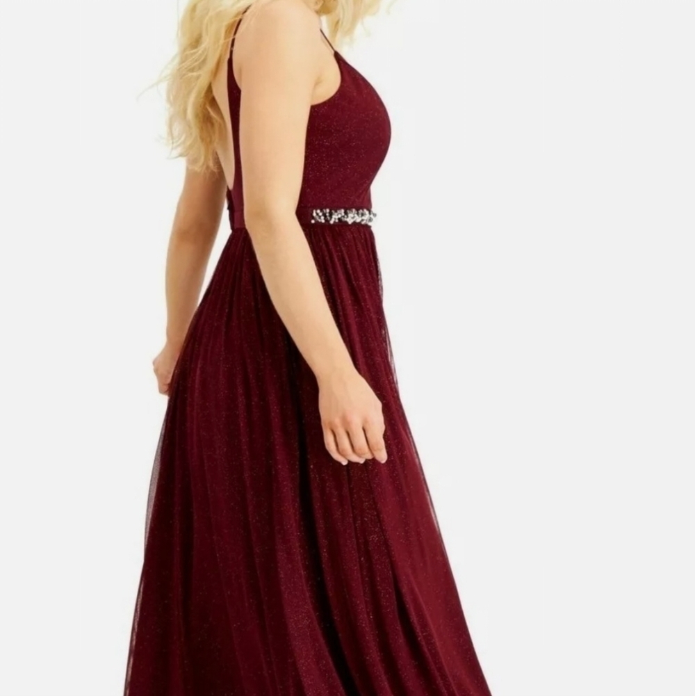 SPEECHLESS Burgundy Glitter Sheer Evening Gown Size 9 Beaded Flowing Faux pearl - Picture 8 of 17